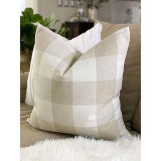 Forro de Cojín Plaid blanco y arena