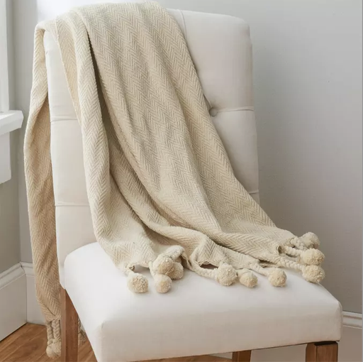 [DA7879] Throw pom pom crema algodon